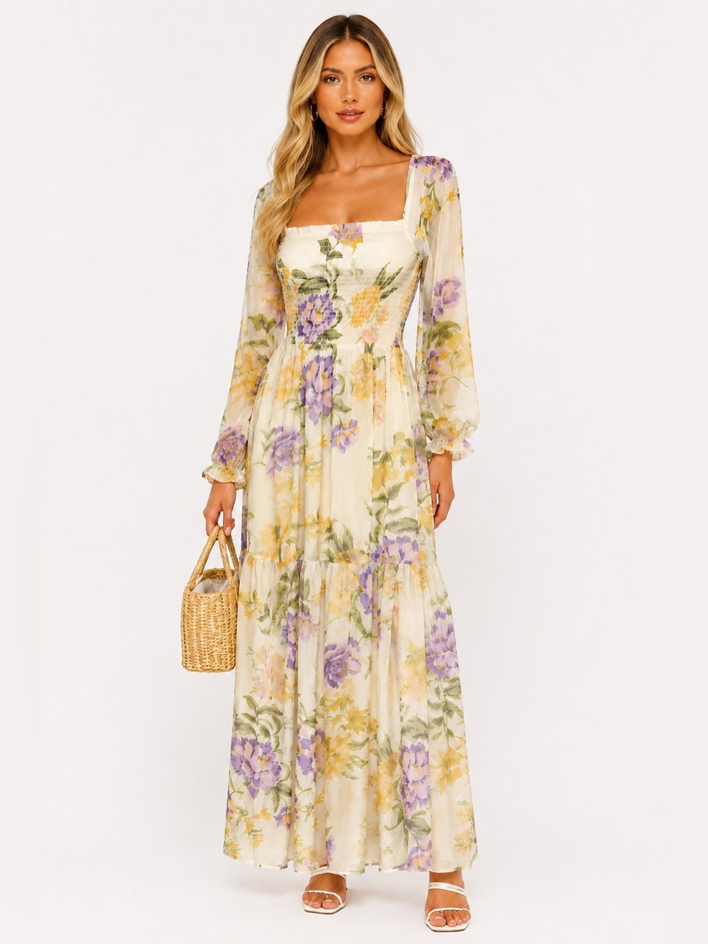 NWT Smocked Square-Neck Cream Maxi Dress with Purple Floral Print
